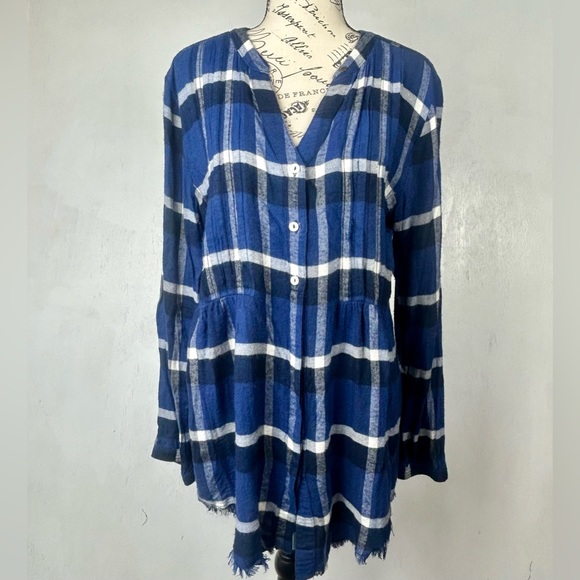 Anthropologie | HOLDING HORSES button up roll tab fringe hem blue plaid country - Picture 15 of 16